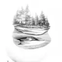 An intricate sketch of a golf course landscape with numbers subtly incorporated into the scenery tattoo design idea