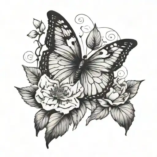 A blackwork butterfly with camellia flower wings, blending the client's love for both elements into a unique and striking design tattoo design idea