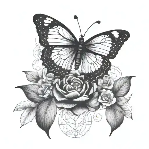 A blackwork butterfly with camellia flower wings, blending the client's love for both elements into a unique and striking design tattoo design idea