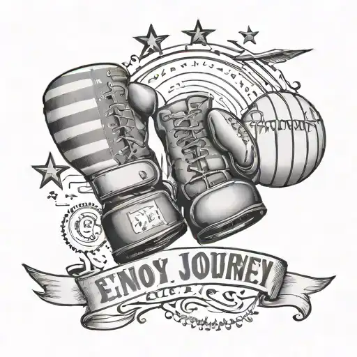 A half sleeve tattoo featuring boxing gloves, patriotic symbolism, airplanes, and the quote 'Enjoy the journey' tattoo design idea