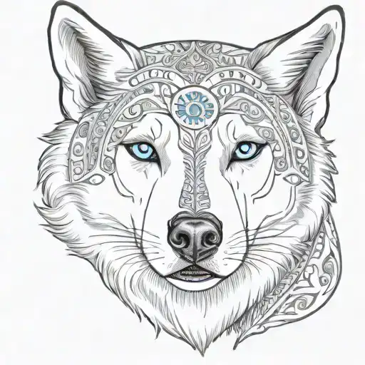 black and white tattoo. all white husky with one blue eye tattoo design idea