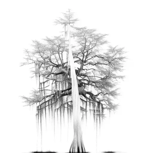 bald cypress tree in water with cross tattoo design idea