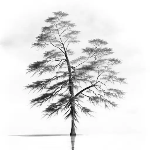 bald cypress tree in water with cross visible in sky tattoo design idea
