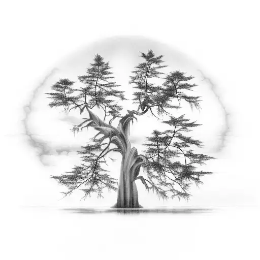 bald cypress tree in water with cross visible in limbs tattoo design idea