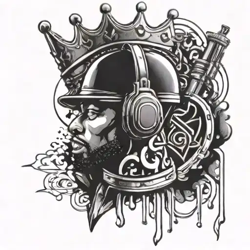 Incorporate a microphone and a crown in a dynamic design to represent the client's passion for rap music and their boss status in the industry tattoo design idea