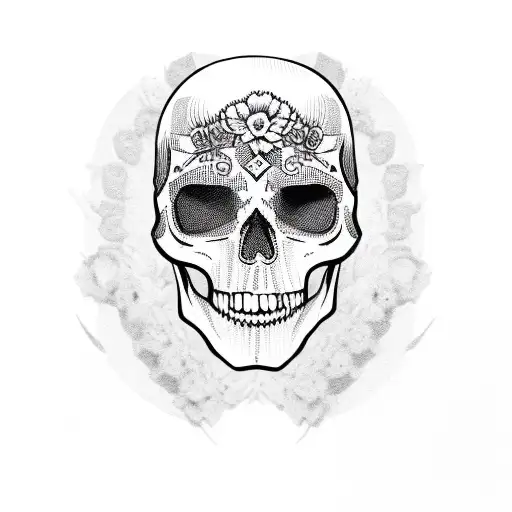 A skull wearing a luchador mask surrounded by Mexican flowers tattoo design idea