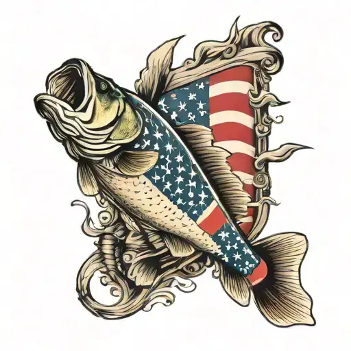 american flag sleeve with bass fishing scene tattoo design idea