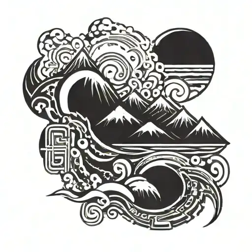 mountains and ocean wave merging tattoo design idea