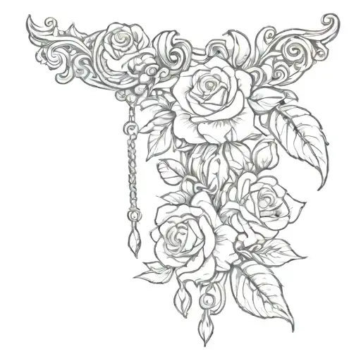 old English j necklace hanging from roses tattoo design idea