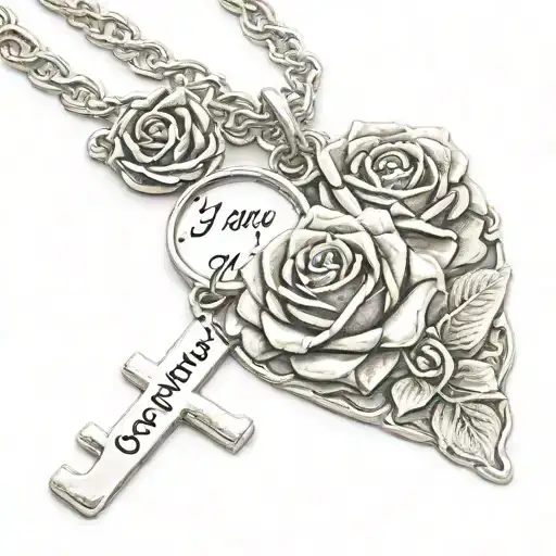 Letter J necklace wrapped around quote 'And if you go, I wanna go with you. And if you die, I wanna die with you.' roses tattoo design idea
