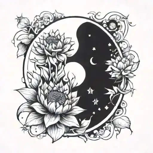 cresent moon surrounded by sunflower and lotus flower  tattoo design idea