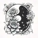 cresent moon surrounded by sunflower and lotus flower  tattoo design idea
