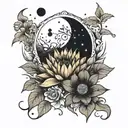 cresent moon surrounded by sunflower and lotus flower  tattoo design idea