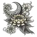cresent moon surrounded by sunflower and lotus flower  tattoo design idea