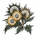 Scottish thistle, river, pine tree, Maltese cross tattoo design idea