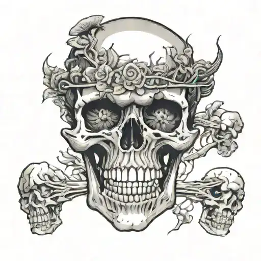 A death metal inspired skull with mushrooms growing out of its eye sockets tattoo design idea
