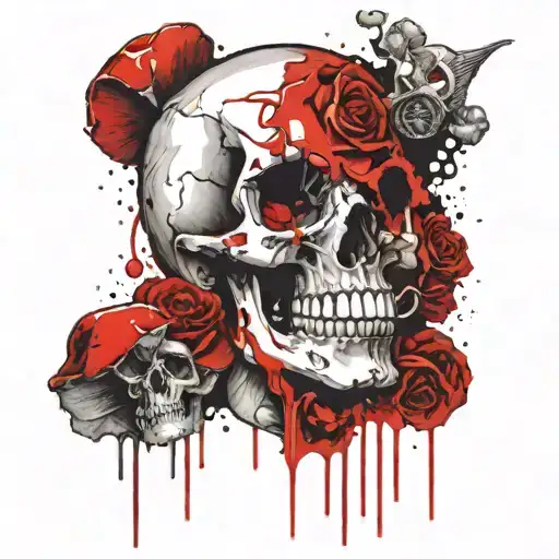 A death metal inspired skull with mushrooms growing out of its eye sockets tattoo design idea