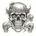 A death metal inspired skull with mushrooms growing out of its eye sockets tattoo design idea