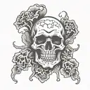 A death metal inspired skull with mushrooms growing out of its eye sockets tattoo design idea