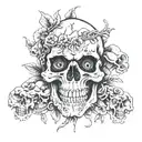 A death metal inspired skull with mushrooms growing out of its eye sockets tattoo design idea