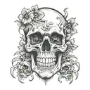 A death metal inspired skull with mushrooms growing out of its eye sockets tattoo design idea