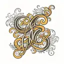 Create a tattoo design featuring the names Mehransh, Harliv, and Parminder in a flowing, elegant script style. The names tattoo design idea