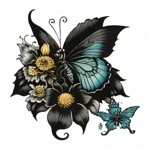 shaded black butterfly one side with August birth flower and 2006 under it tattoo design idea