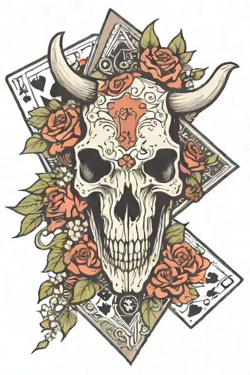 western, bull skull, ace cards, flowers, poker  tattoo design idea