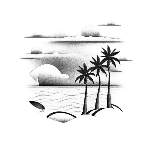 A black-grey tattoo of a serene beach scene with palm trees and waves, representing your love for the beach and nature tattoo design idea
