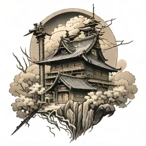 samoerai with sword  burning japanese houses in the back  tattoo design idea