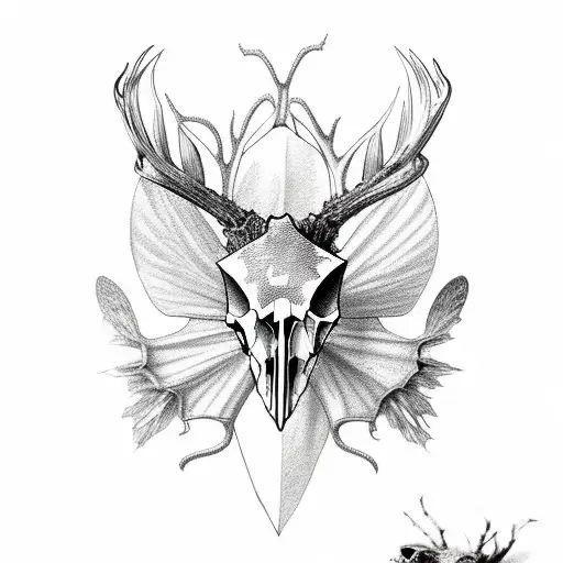 deer skull with spiderlily, hunter's knives and moth wings tattoo design idea