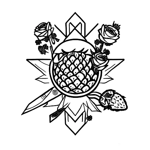 a dance Gavin dance inspired tattoo of a knife cutting a strawberry surrounded by flowers tattoo design idea