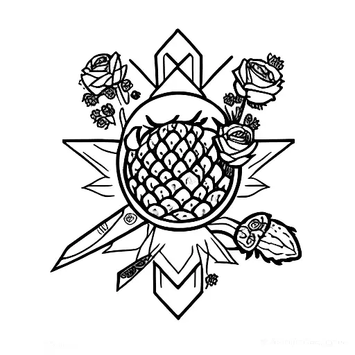 a dance Gavin dance inspired tattoo of a knife cutting a strawberry surrounded by flowers tattoo design idea