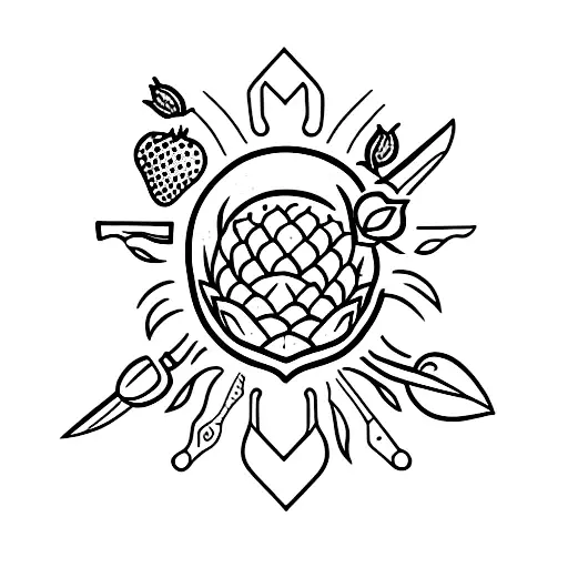 a dance Gavin dance inspired tattoo of a knife cutting a strawberry surrounded by flowers tattoo design idea