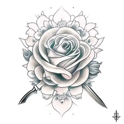 a dance Gavin dance inspired tattoo of a knife cutting a strawberry surrounded by flowers tattoo design idea