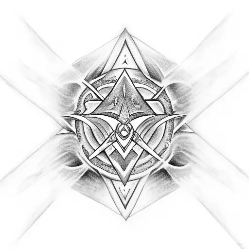 A detailed arrowhead with a triquetra embedded in it, surrounded by swirling smoke tattoo design idea