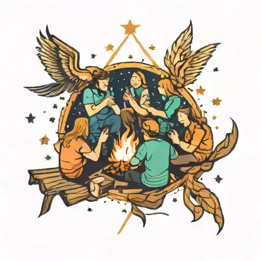 A group of friends sitting around a campfire under the stars, with each friend represented as a different element of nature (earth, water, fire, air) tattoo design idea