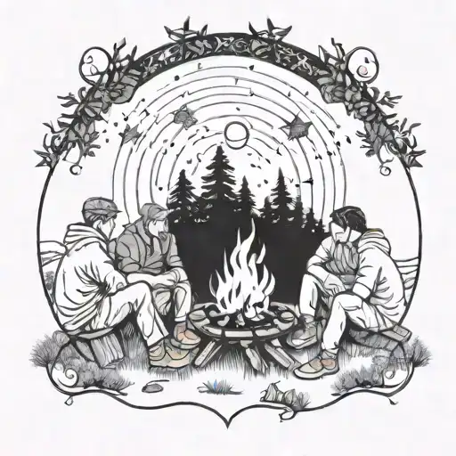 A group of friends sitting around a campfire under the stars, with each friend represented as a different element of nature (earth, water, fire, air) tattoo design idea