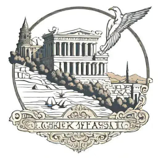 A traditional style tattoo of a Greek mythological scene featuring architectural landmarks as the backdrop tattoo design idea