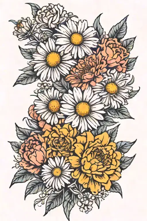 daisy, marigold, and carnation bouquet tattoo design idea