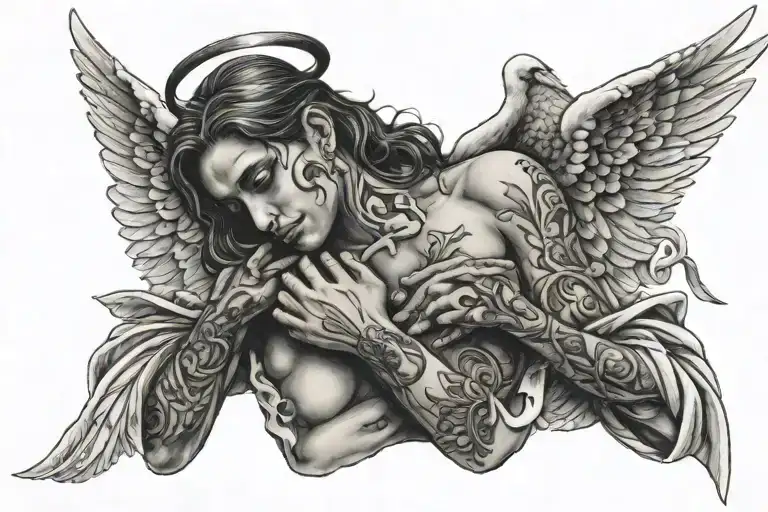 angel with broken heart in hands under angel time heals tattoo design idea