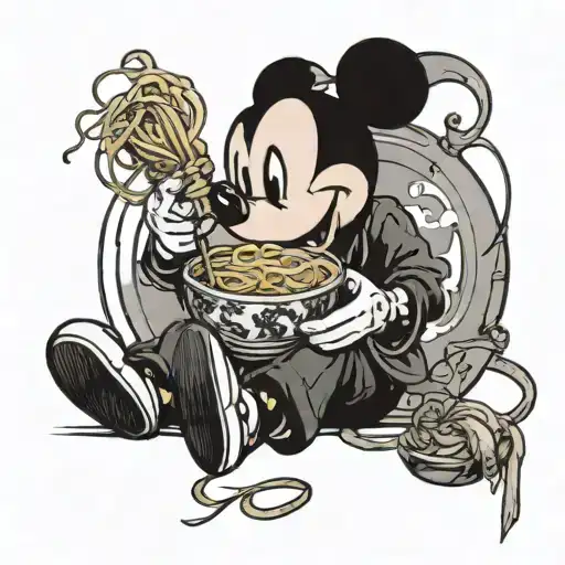 mickey mouse eating a bowl of noodles  tattoo design idea
