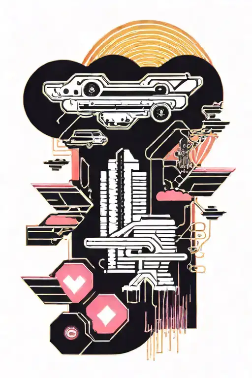 image in 80's style and retrowave color scheme. It should depict sunset, skyscrapers, car on the road, audio cassette tattoo design idea