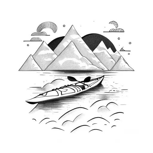a kayak on the bed of a creek with a backpack resting next to it with mountains as the background tattoo design idea