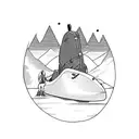 a kayak on the bed of a creek with a backpack resting next to it with mountains as the background tattoo design idea