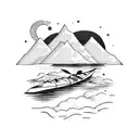 a kayak on the bed of a creek with a backpack resting next to it with mountains as the background tattoo design idea