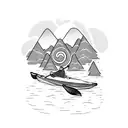 a kayak on the bed of a creek with a backpack resting next to it with mountains as the background tattoo design idea