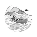 a kayak on the bed of a creek with a backpack resting next to it with mountains as the background tattoo design idea