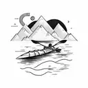a kayak on the bed of a creek with a backpack resting next to it with mountains as the background tattoo design idea