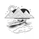 a kayak on the bed of a creek with a backpack resting next to it with mountains as the background tattoo design idea